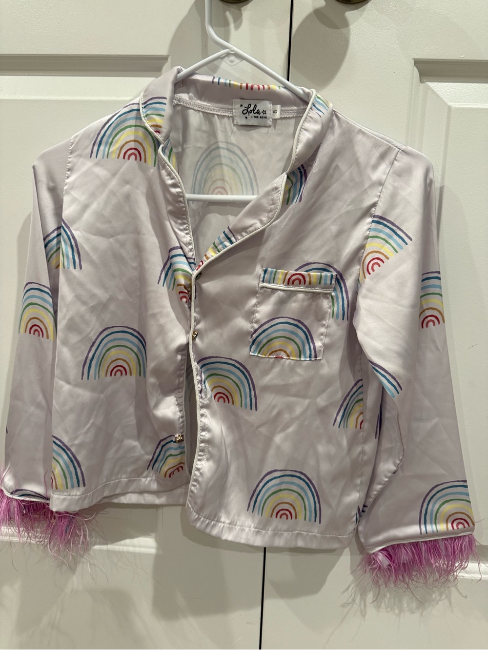 Kids Lola and The Boys PJ Satin set with Pink Feather Cuffs